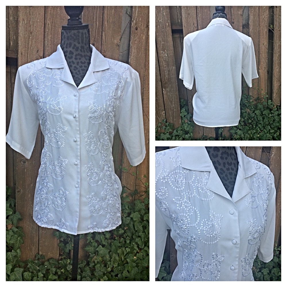 Worthington White Embroidered Short Sleeve Blouse - Size 8